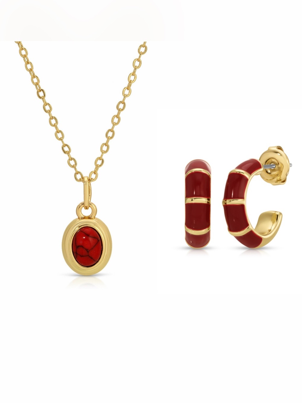 NWT Leeada Maroon Stone Pendant Necklace & Hoop Earrings Jewelry Set Gold-Plated